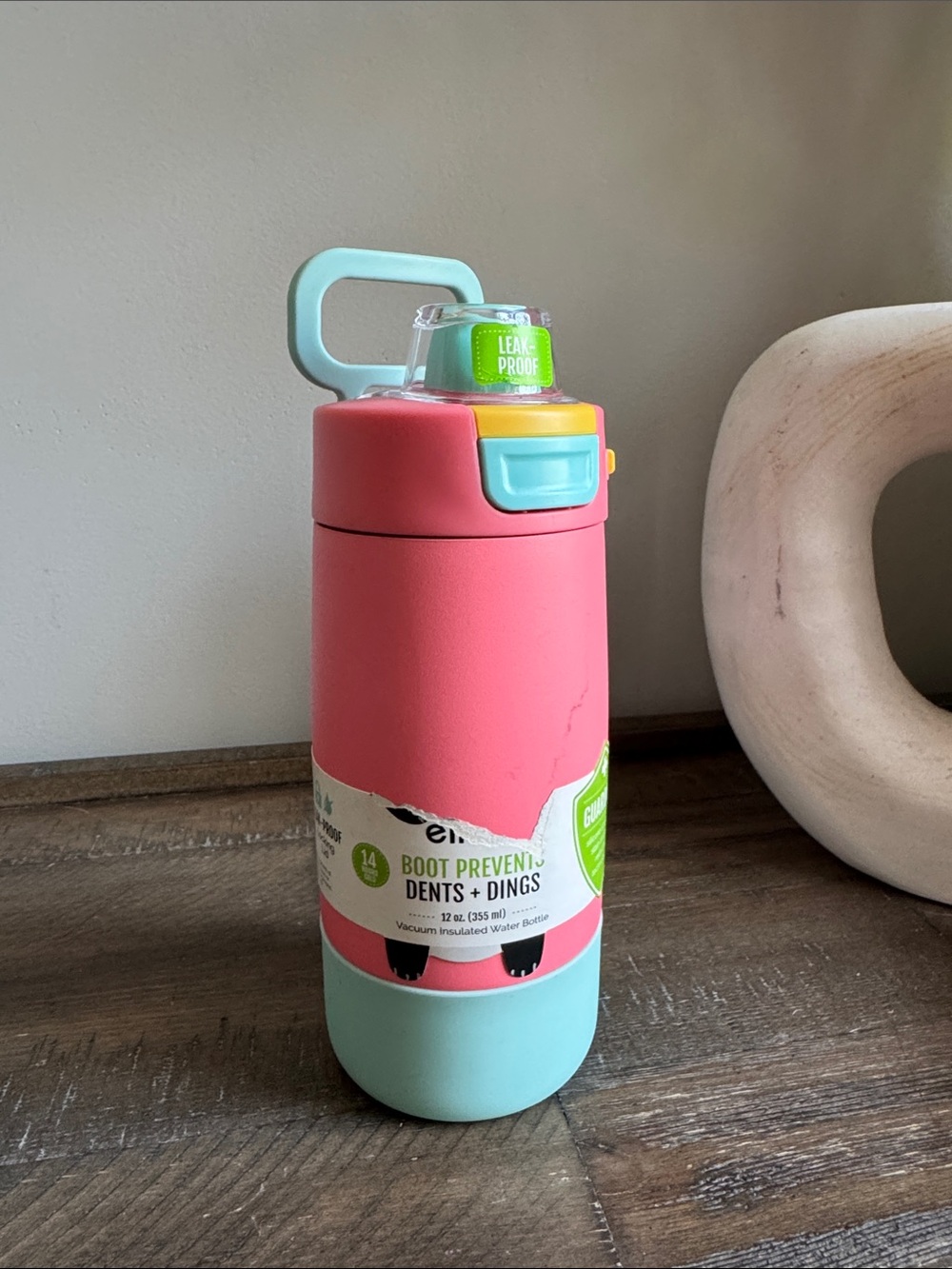 Insulated Pink & Mint Kids Water Bottle with Handle